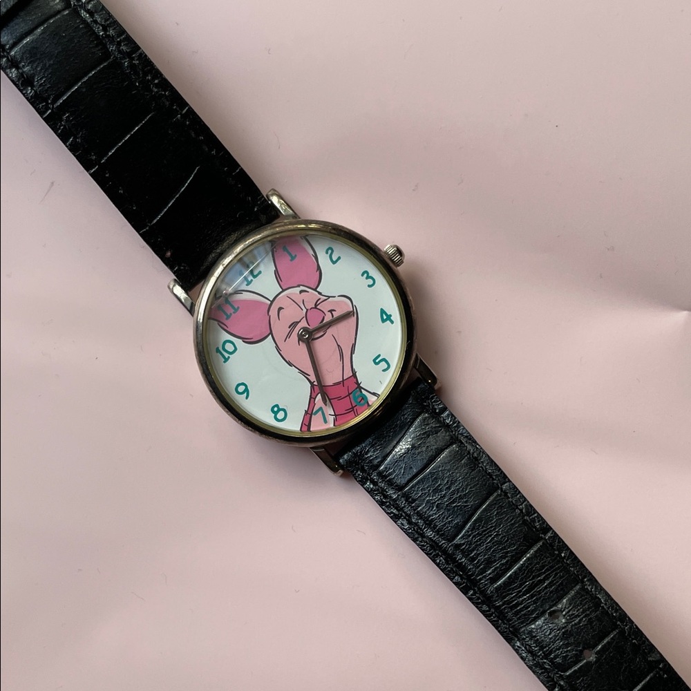 Vintage Disney’s Piglet analog Watch with Black Leather Strap